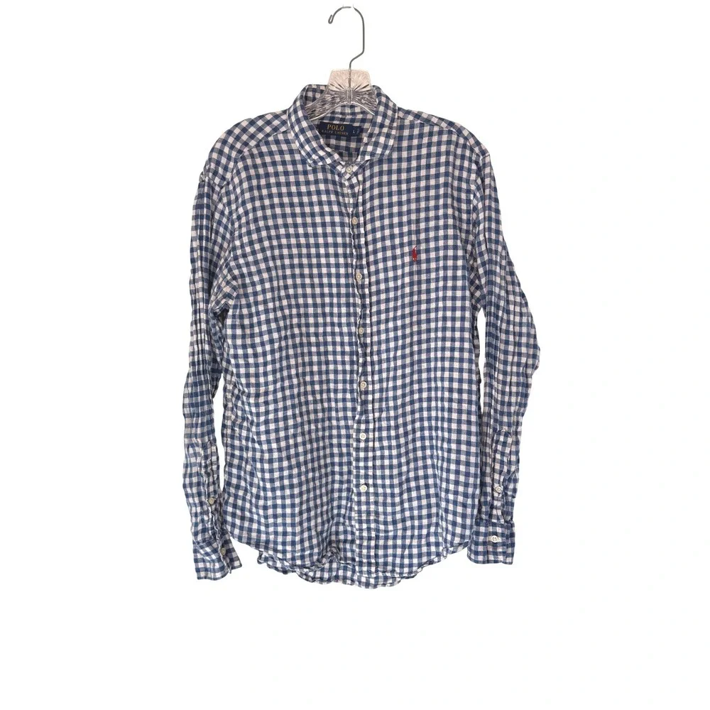 Polo Ralph Lauren Button Down Shirt Men's Blue White Plaid Long Sleeve Large